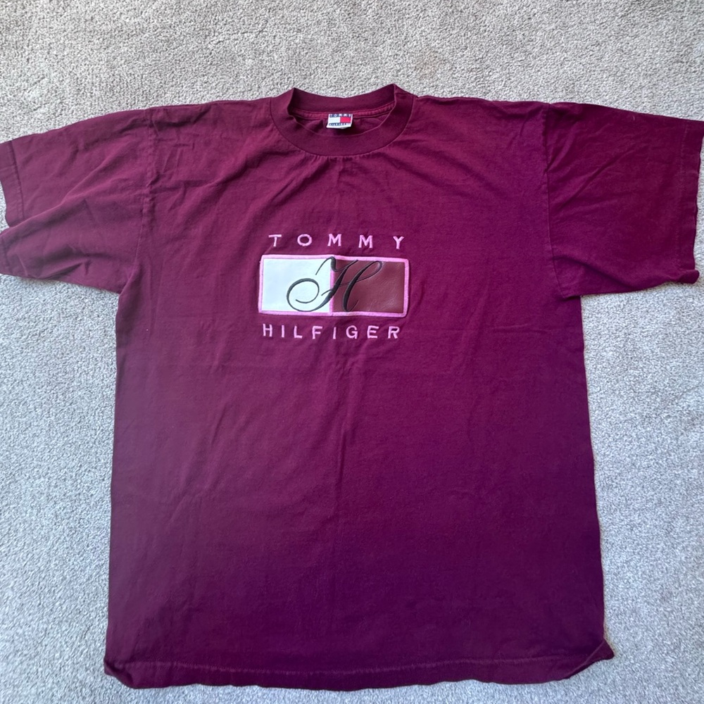 Vintage Tommy Hilfiger T-Shirt Mens XL Burgundy Maroon Embroidered Made in USA